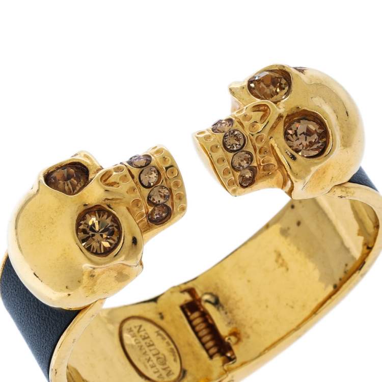 Pre Owned Alexander McQueen Black Leather Crystal Double Skull Open Cuff Bracelet