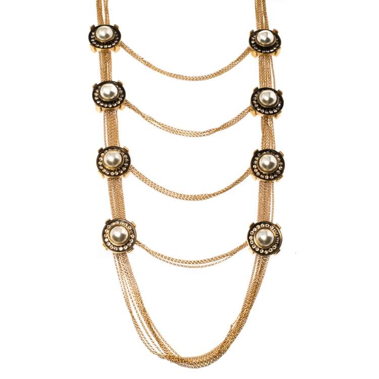Pre Owned Alexander McQueen Faux Pearl & Crystal Station Layered Necklace