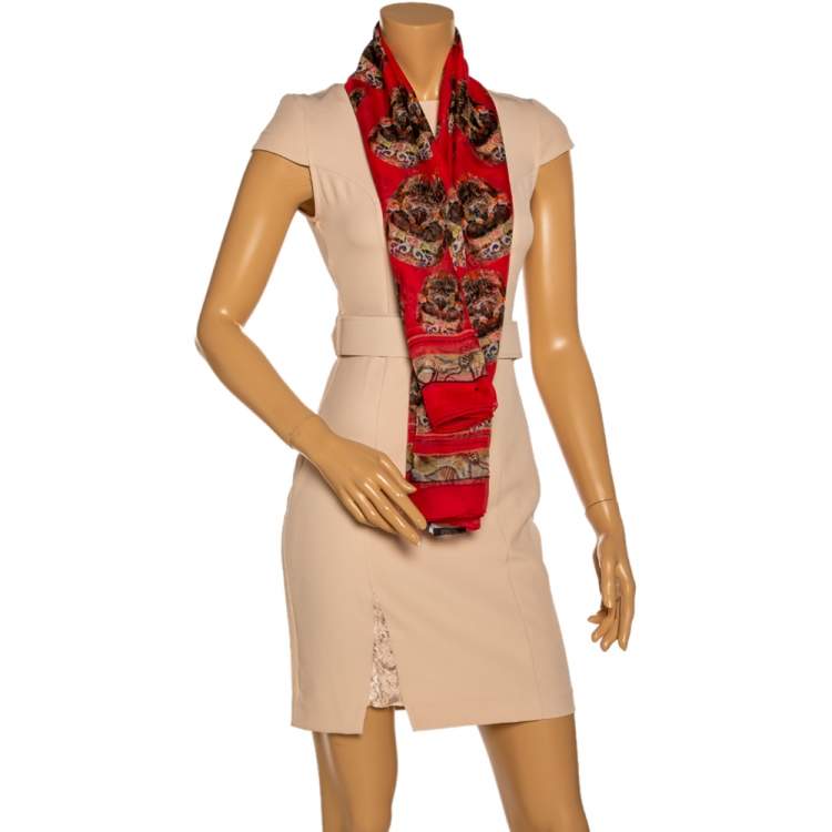 Pre Owned Alexander McQueen Red Skull Print Silk Chiffon Scarf