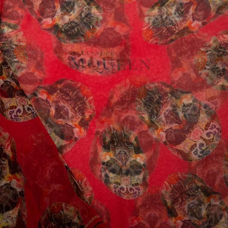 Pre Owned Alexander McQueen Red Skull Print Silk Chiffon Scarf