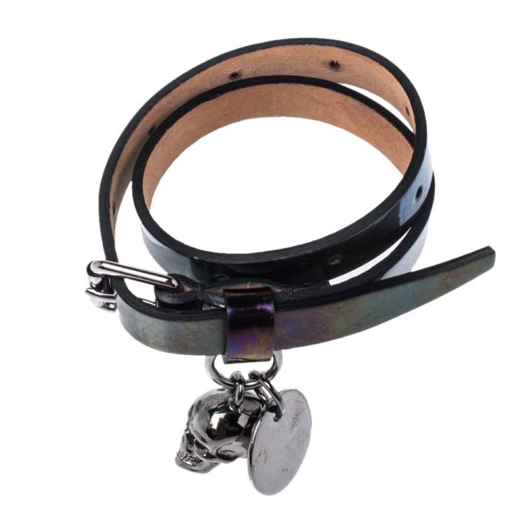 Pre Owned Alexander McQueen Metallic Oil Slick Leather Skull Charm Double Wrap Bracelet 