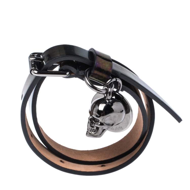 Pre Owned Alexander McQueen Metallic Oil Slick Leather Skull Charm Double Wrap Bracelet 
