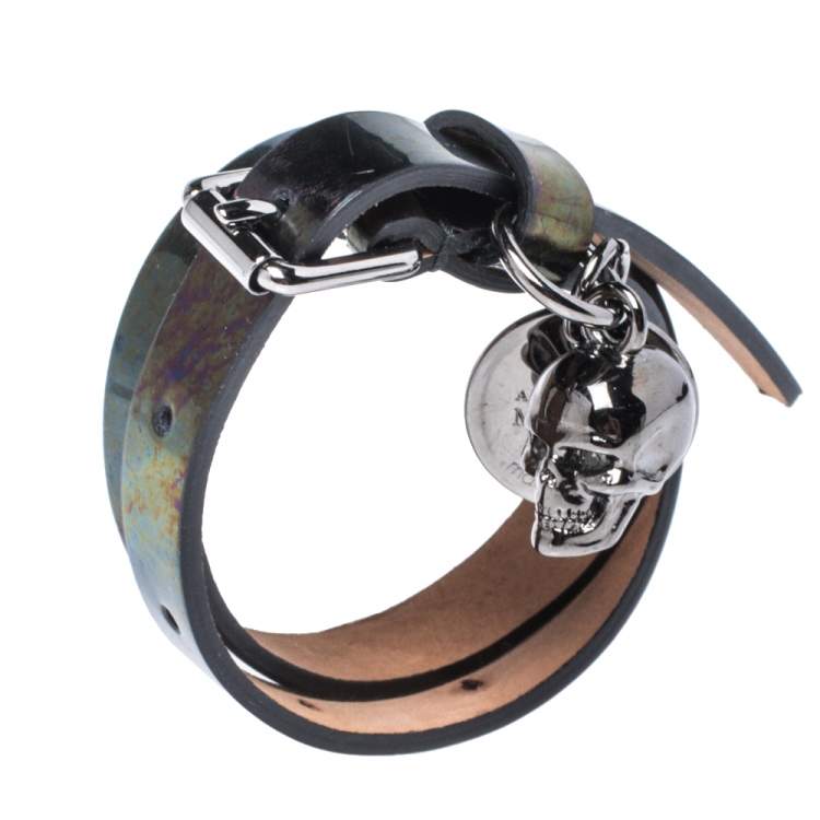 Pre Owned Alexander McQueen Metallic Oil Slick Leather Skull Charm Double Wrap Bracelet 