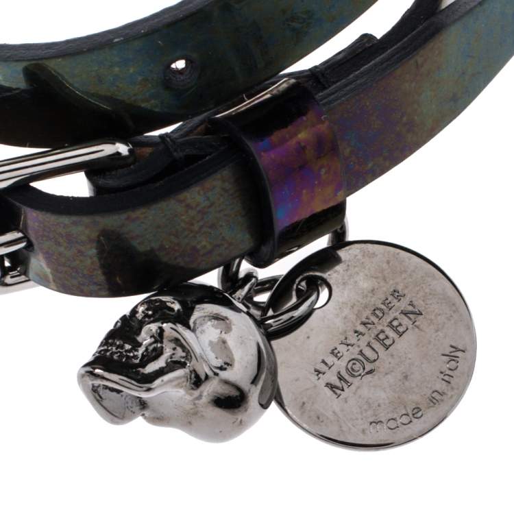 Pre Owned Alexander McQueen Metallic Oil Slick Leather Skull Charm Double Wrap Bracelet 