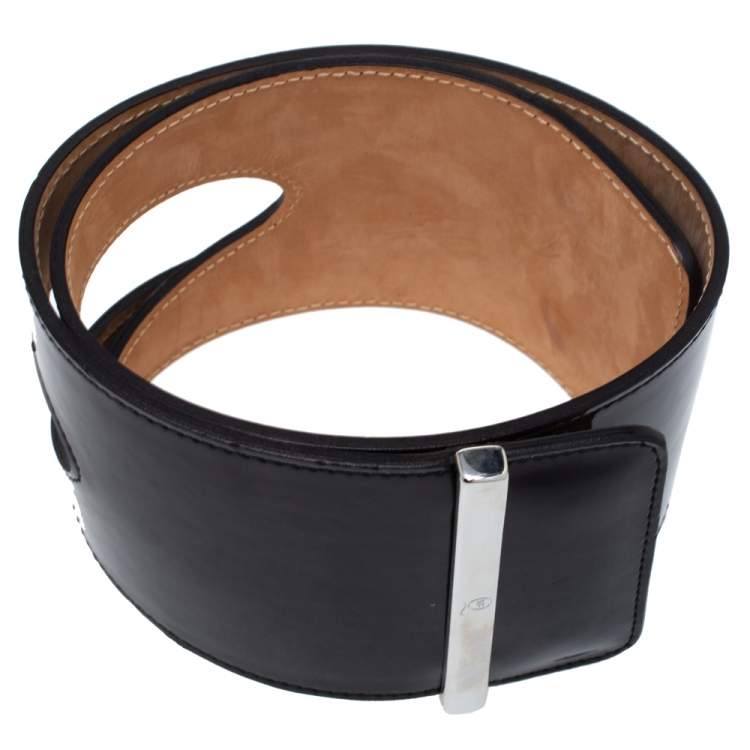 Pre Owned Alexander McQueen Black Cut Out Patent Leather Waist Belt 75CM