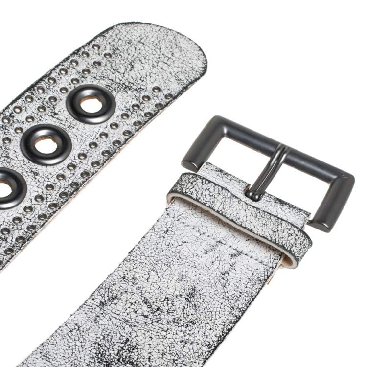 Pre Owned Alexander McQueen White/Black Textured Leather Wide Belt Size 75 CM