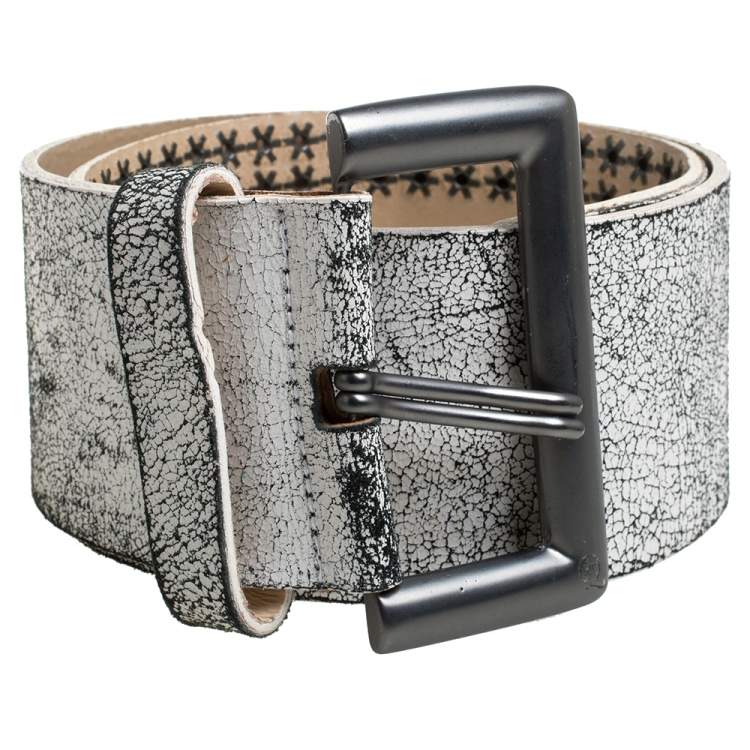 Pre Owned Alexander McQueen White/Black Textured Leather Wide Belt Size 75 CM