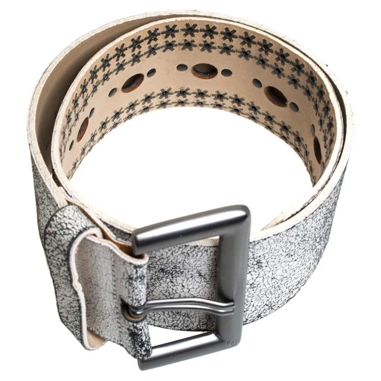 Pre Owned Alexander McQueen White/Black Textured Leather Wide Belt Size 75 CM
