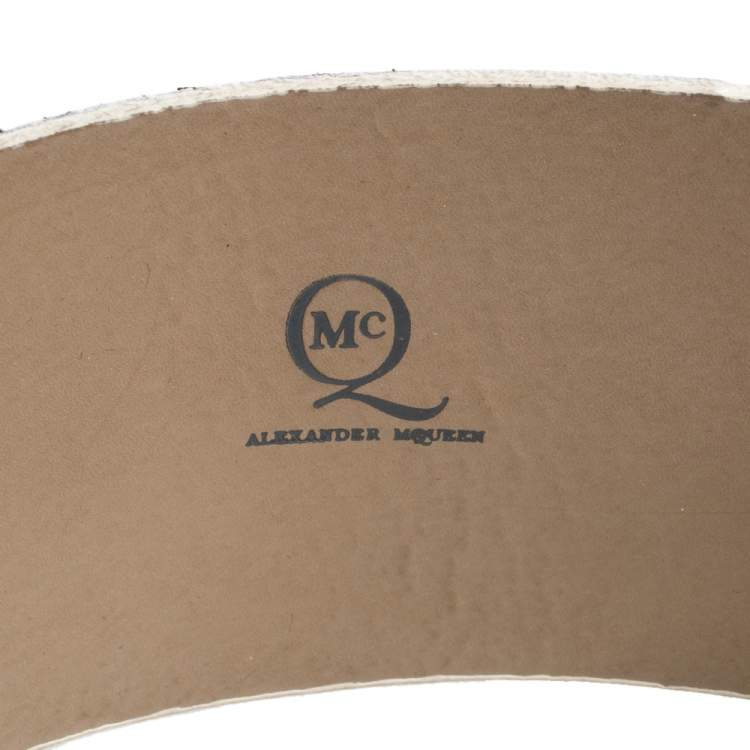 Pre Owned Alexander McQueen White/Black Textured Leather Wide Belt Size 75 CM