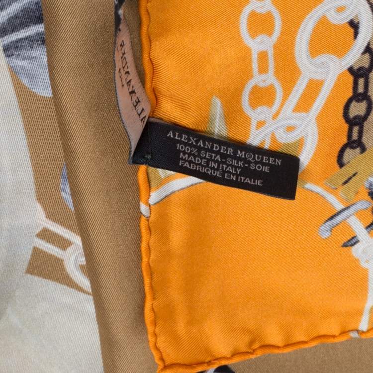 Pre Owned Alexander McQueen Orange Panther Skull Print Silk Scarf