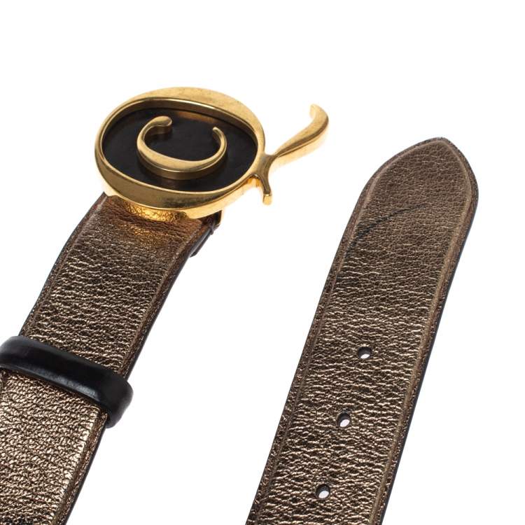 Pre Owned Alexander McQueen Metallic Bronze Leather Logo Buckle Belt Size 90 CM