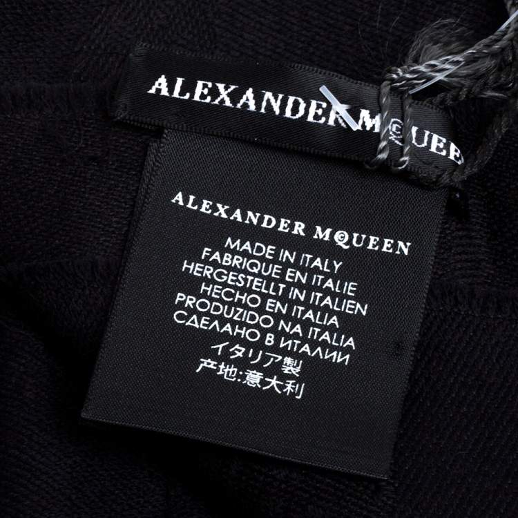 Pre Owned Alexander McQueen Black Skull Motif Fringed Wool Scarf 
