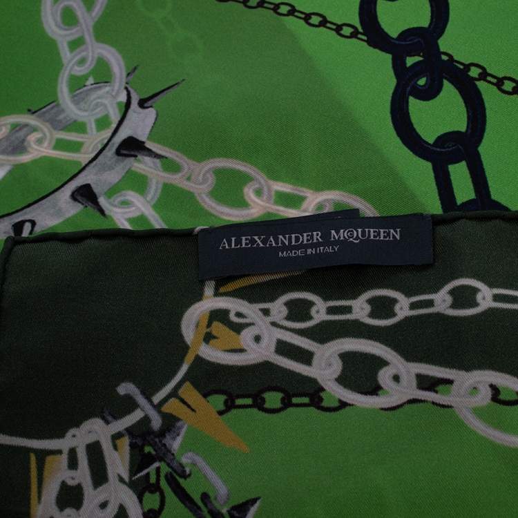 Pre Owned Alexander McQueen Green Panther Skull Print Silk Scarf