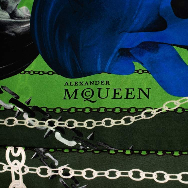 Pre Owned Alexander McQueen Green Panther Skull Print Silk Scarf