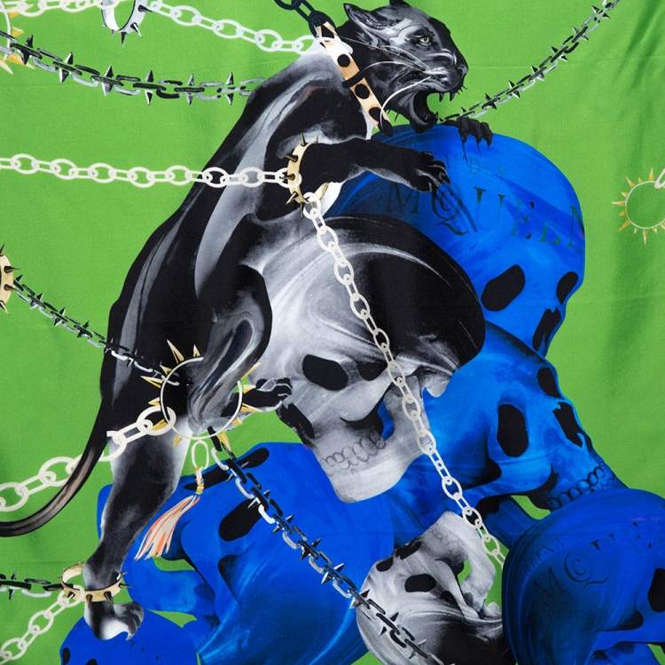 Pre Owned Alexander McQueen Green & Blue Panther Skull Print Silk Scarf