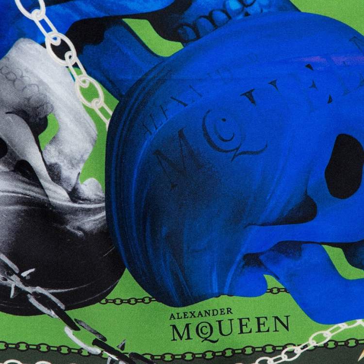 Pre Owned Alexander McQueen Green & Blue Panther Skull Print Silk Scarf