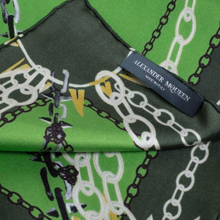 Pre Owned Alexander McQueen Green & Blue Panther Skull Print Silk Scarf