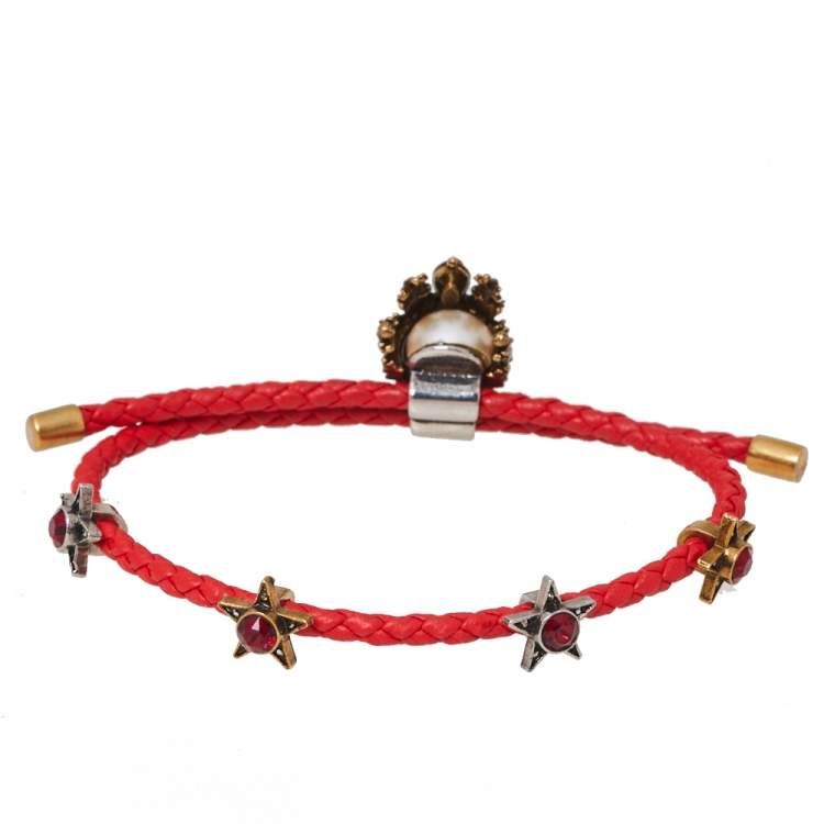 Pre Owned Alexander McQueen Crowned Skull Motif Crystal Two Tone Leather Bracelet