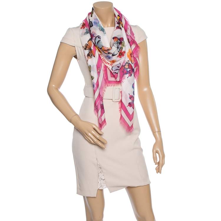 Pre Owned  Alexander McQueen Pink Butterfly Print Modal Square Scarf 