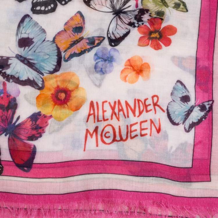 Pre Owned  Alexander McQueen Pink Butterfly Print Modal Square Scarf 