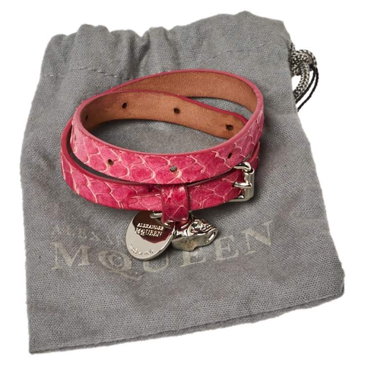 Pre Owned Alexander McQueen Pink Snakeskin Double Wrap Skull Bracelet