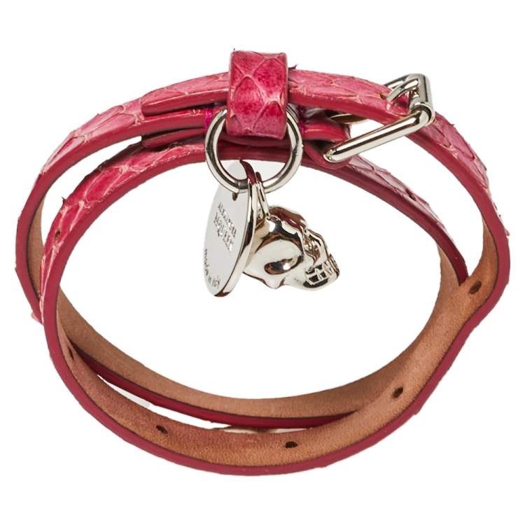 Pre Owned Alexander McQueen Pink Snakeskin Double Wrap Skull Bracelet