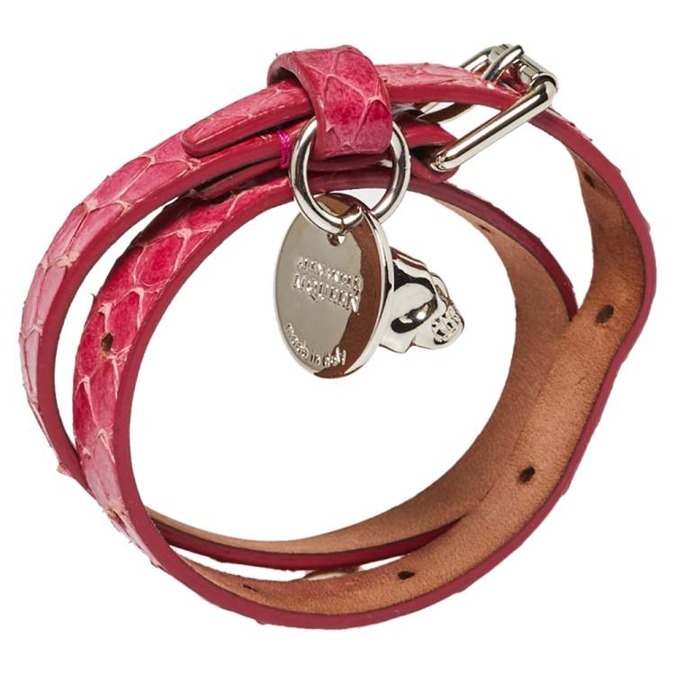 Pre Owned Alexander McQueen Pink Snakeskin Double Wrap Skull Bracelet