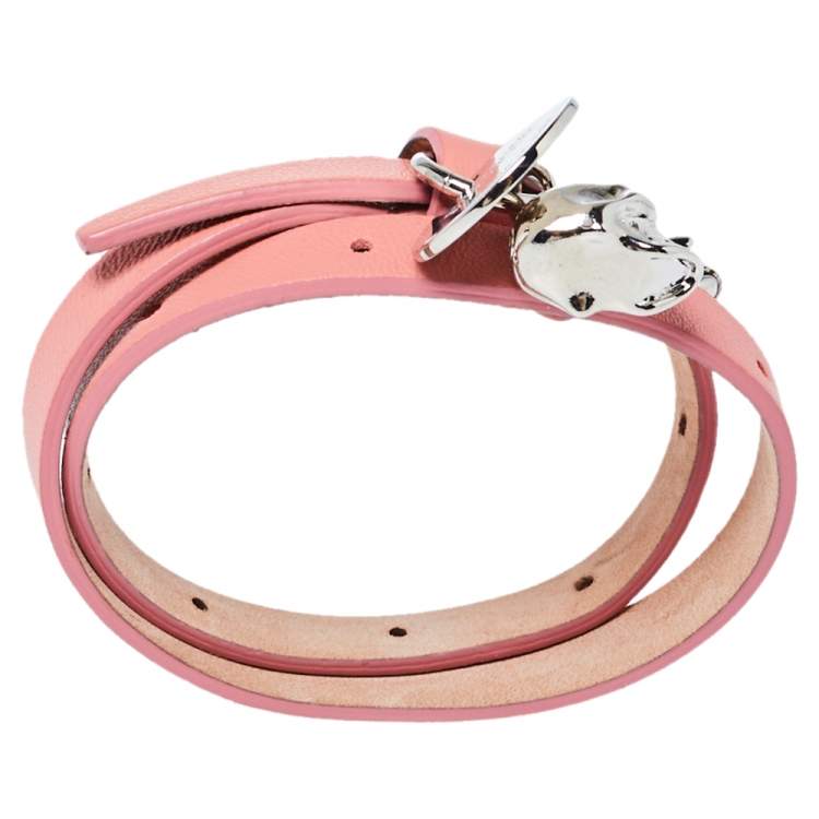 Pre Owned Alexander McQueen Pink Leather Skull Charm Double Wrap Bracelet