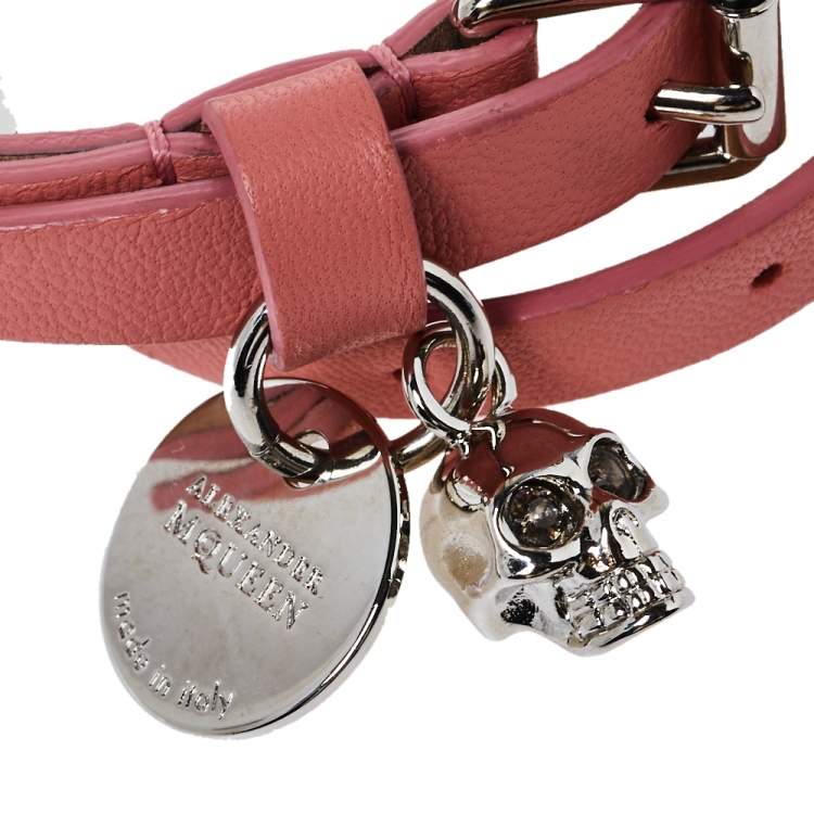 Pre Owned Alexander McQueen Pink Leather Skull Charm Double Wrap Bracelet