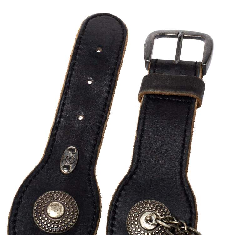 Pre Owned Alexander McQueen Black Leather Chain Detail Buckle Belt 75CM