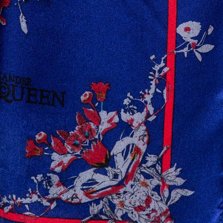 Pre Owned Alexander McQueen Blue Skull Print Satin Silk Scarf