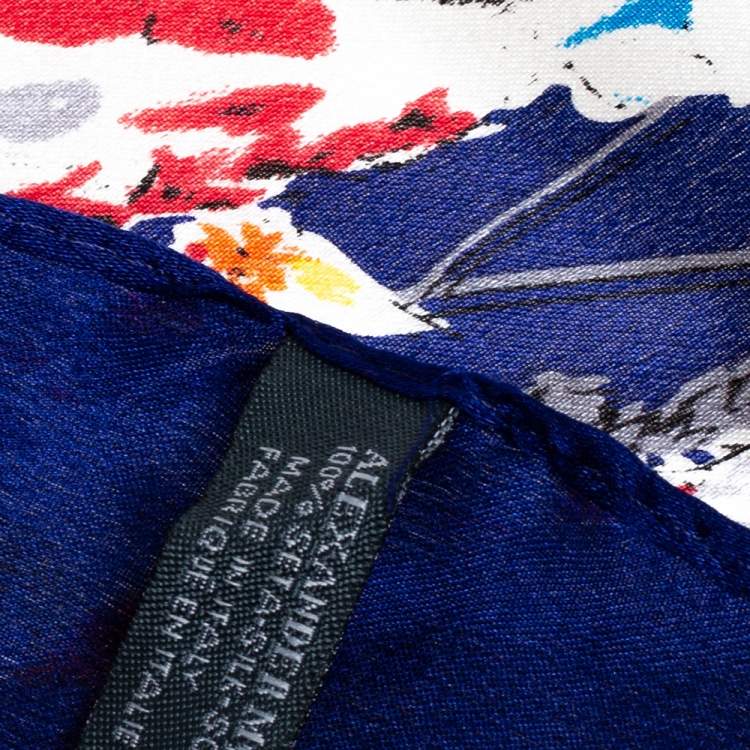 Pre Owned Alexander McQueen Blue Skull Print Satin Silk Scarf