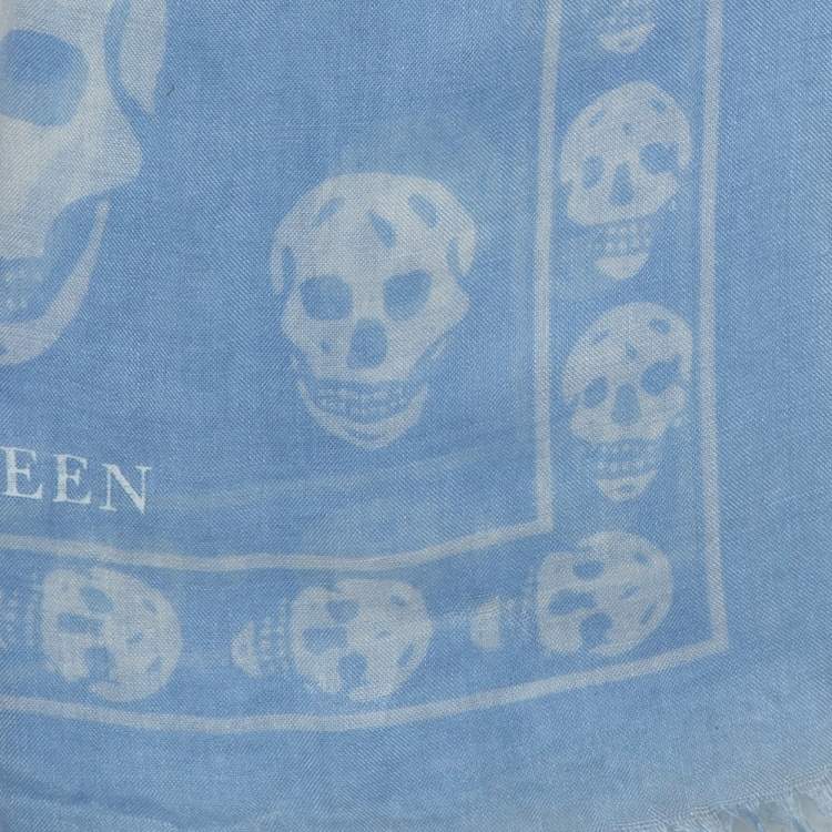 Pre Owned Alexander McQueen Powder Blue Skull Print Silk & Modal Scarf