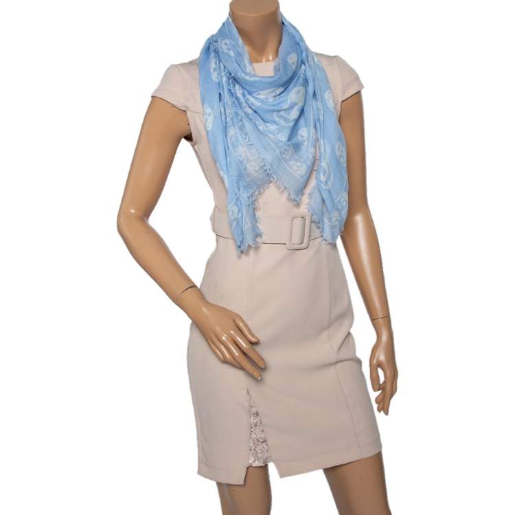 Pre Owned Alexander McQueen Powder Blue Skull Print Silk & Modal Scarf