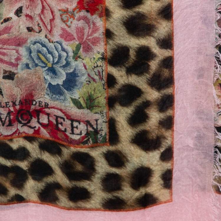 Pre Owned Alexander McQueen Pink Floral Leopard Print Modal & Silk Scarf