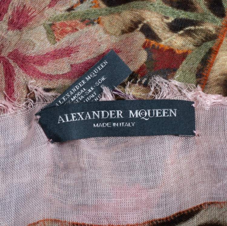 Pre Owned Alexander McQueen Pink Floral Leopard Print Modal & Silk Scarf