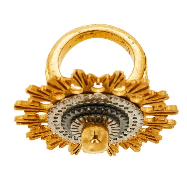 Pre Owned Alexander McQueen Two Tone Skull Flower Cocktail Ring Size 13