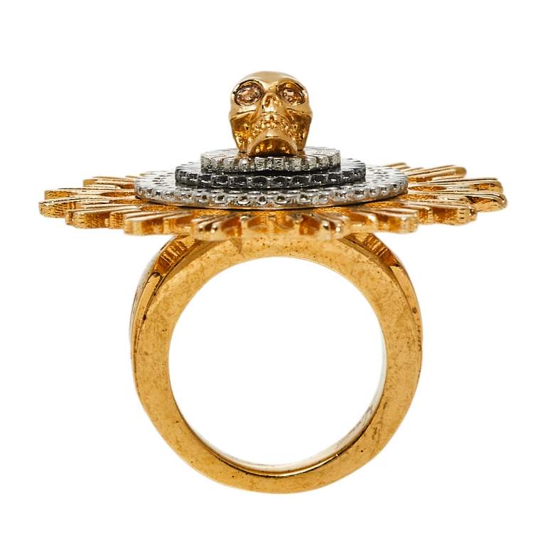 Pre Owned Alexander McQueen Two Tone Skull Flower Cocktail Ring Size 13