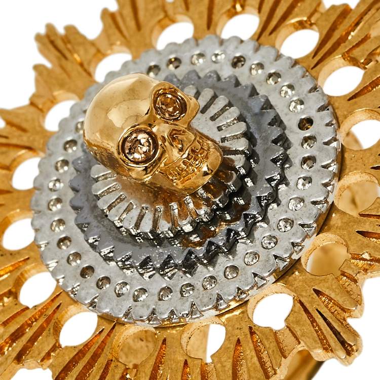 Pre Owned Alexander McQueen Two Tone Skull Flower Cocktail Ring Size 13