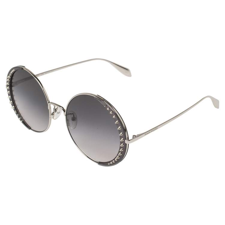 Pre Owned Alexander McQueen Grey/Silver Metal Studded AM0311S Gradient Round Sunglasses