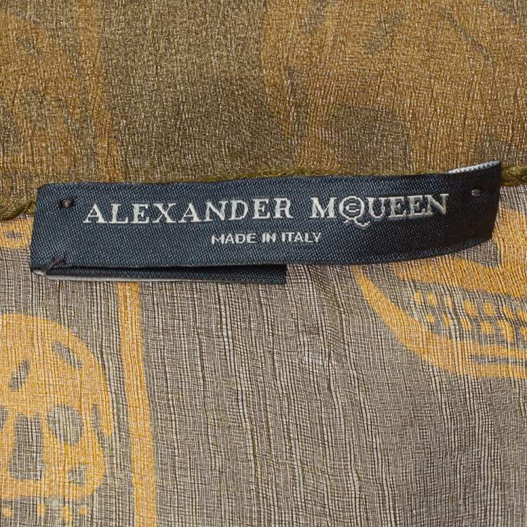 Pre Owned Alexander McQueen Olive Green Skull Print Silk Scarf