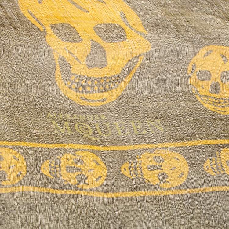 Pre Owned Alexander McQueen Olive Green Skull Print Silk Scarf