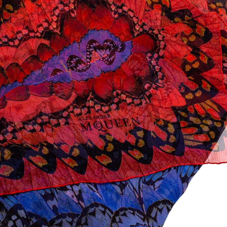 مملوكة مسبقًا Alexander McQueen Red & Blue Rainbow Wings Print Silk Chiffon Scarf