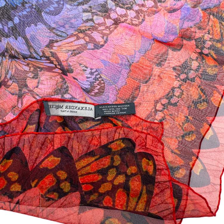 مملوكة مسبقًا Alexander McQueen Red & Blue Rainbow Wings Print Silk Chiffon Scarf