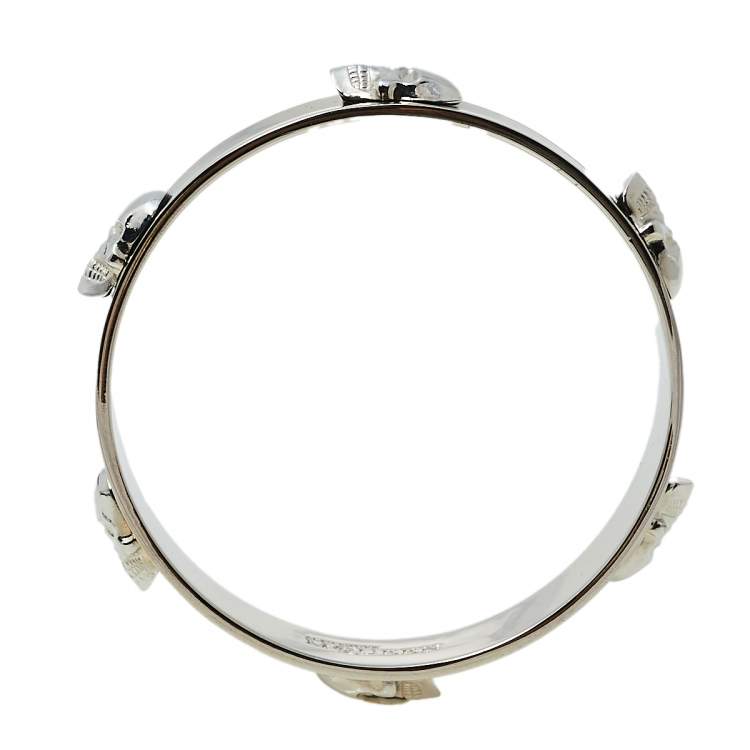 Pre Owned Alexander McQueen 3D Skull Black Enamel Silver Tone Bangle Bracelet