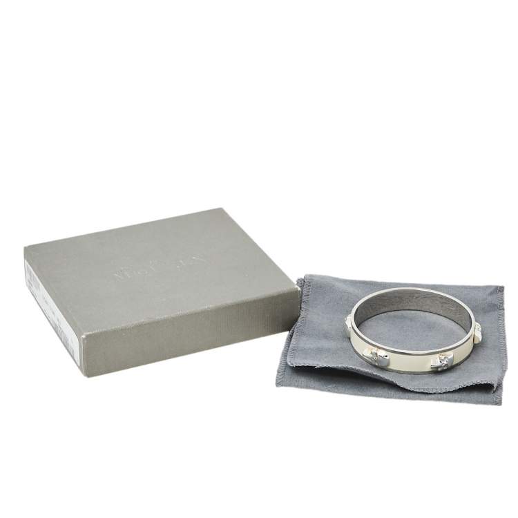 Pre Owned Alexander McQueen 3D Skull Off White Enamel Silver Tone Bangle Bracelet