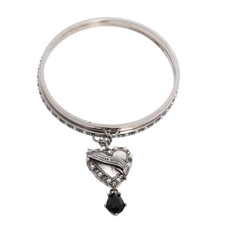 Pre Owned Alexander McQueen Antique Silver Tone Heart Locket Charm Layered Bangle Bracelet
