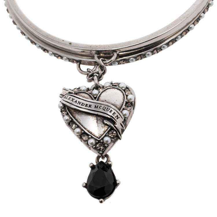 Pre Owned Alexander McQueen Antique Silver Tone Heart Locket Charm Layered Bangle Bracelet
