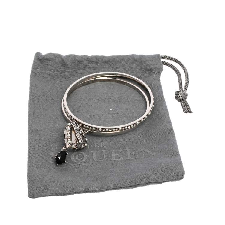 Pre Owned Alexander McQueen Antique Silver Tone Heart Locket Charm Layered Bangle Bracelet