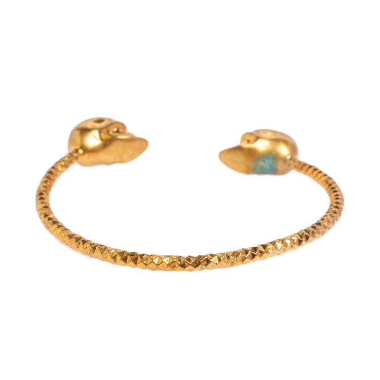 Pre Owned Alexander McQueen Twin Skull Gold Tone Open Cuff Bracelet 